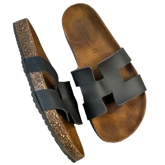 Women’s genuine Leather handmade black Cork Slide sandals size 38 / 8 - Picture 1 of 6